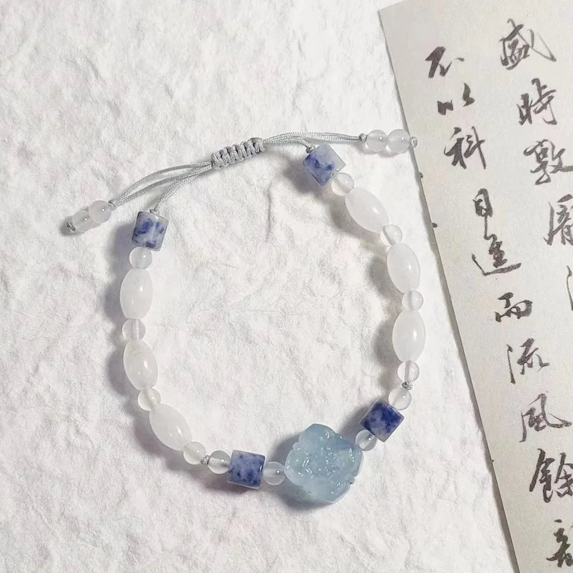 Wholesale Bucket White Jade Bead Lucky Fortune Tag Natural Aquamarine Bracelet for Women