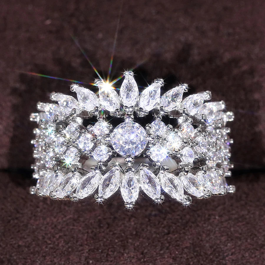 CAOSHI Gorgeous Full Sparkling Bling Zircon Diamond Finger Ring Imitated Rhodium Plated Engagement Wedding CZ Flower Rings Women