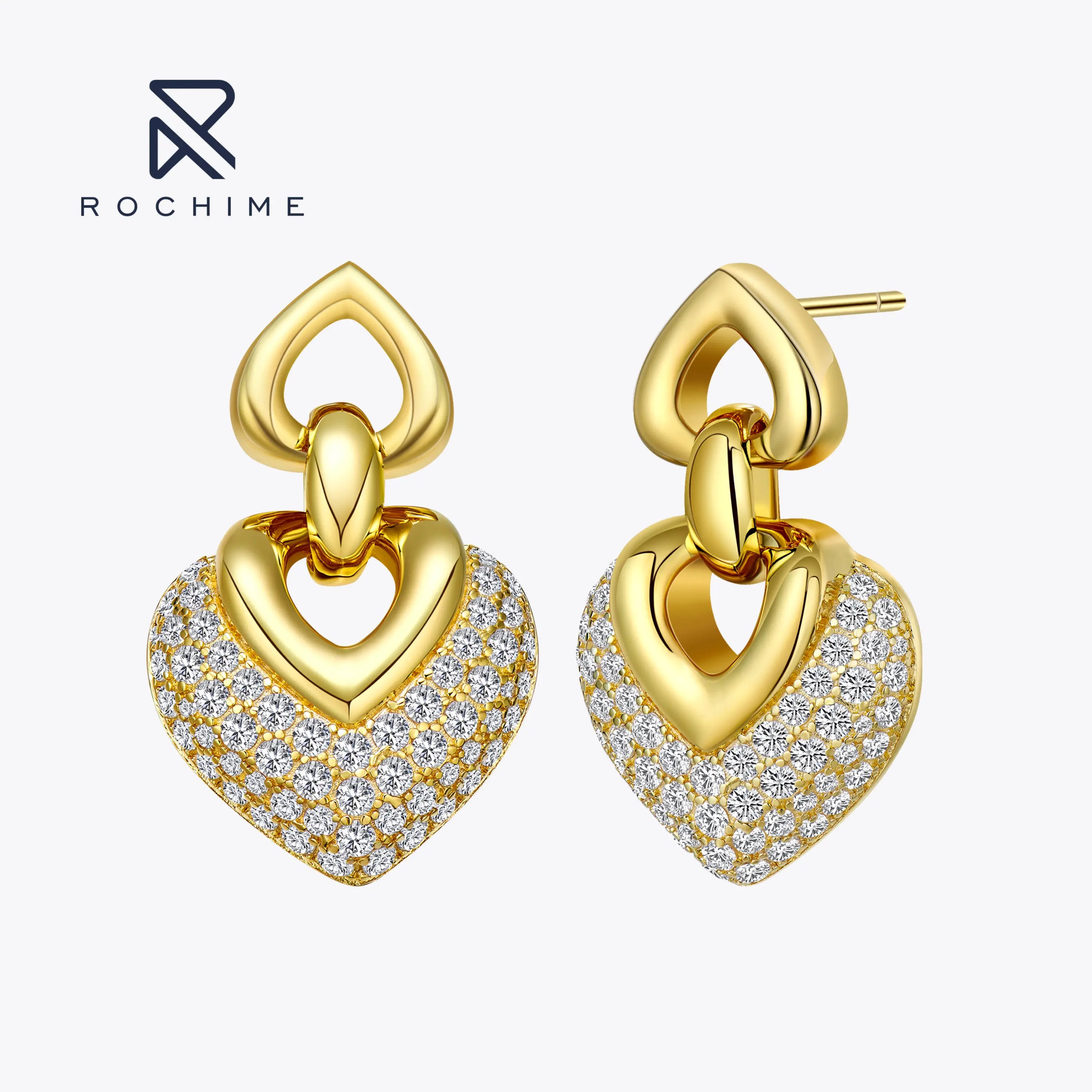 Rochime New Arrival Design Vintage Heart Yellow Gold Plated Diamond Earrings Silver 925 Jewelry Accessories