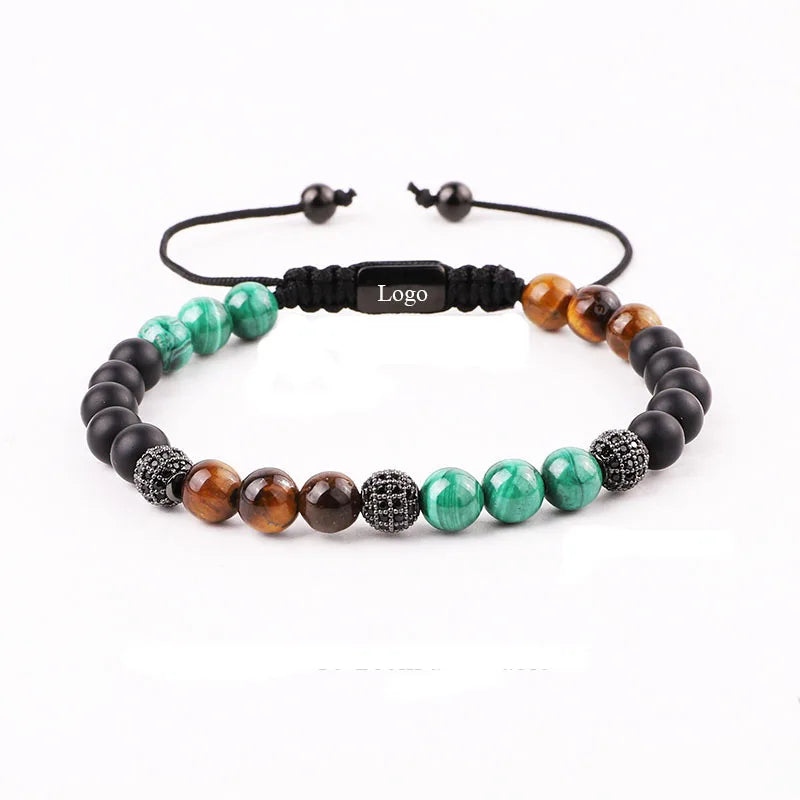 New Arrived Gemstone Natural Stone Tiger Eye Laser Logo CZ Pave Ball Beads Braided Adjustable Bracelet for Men