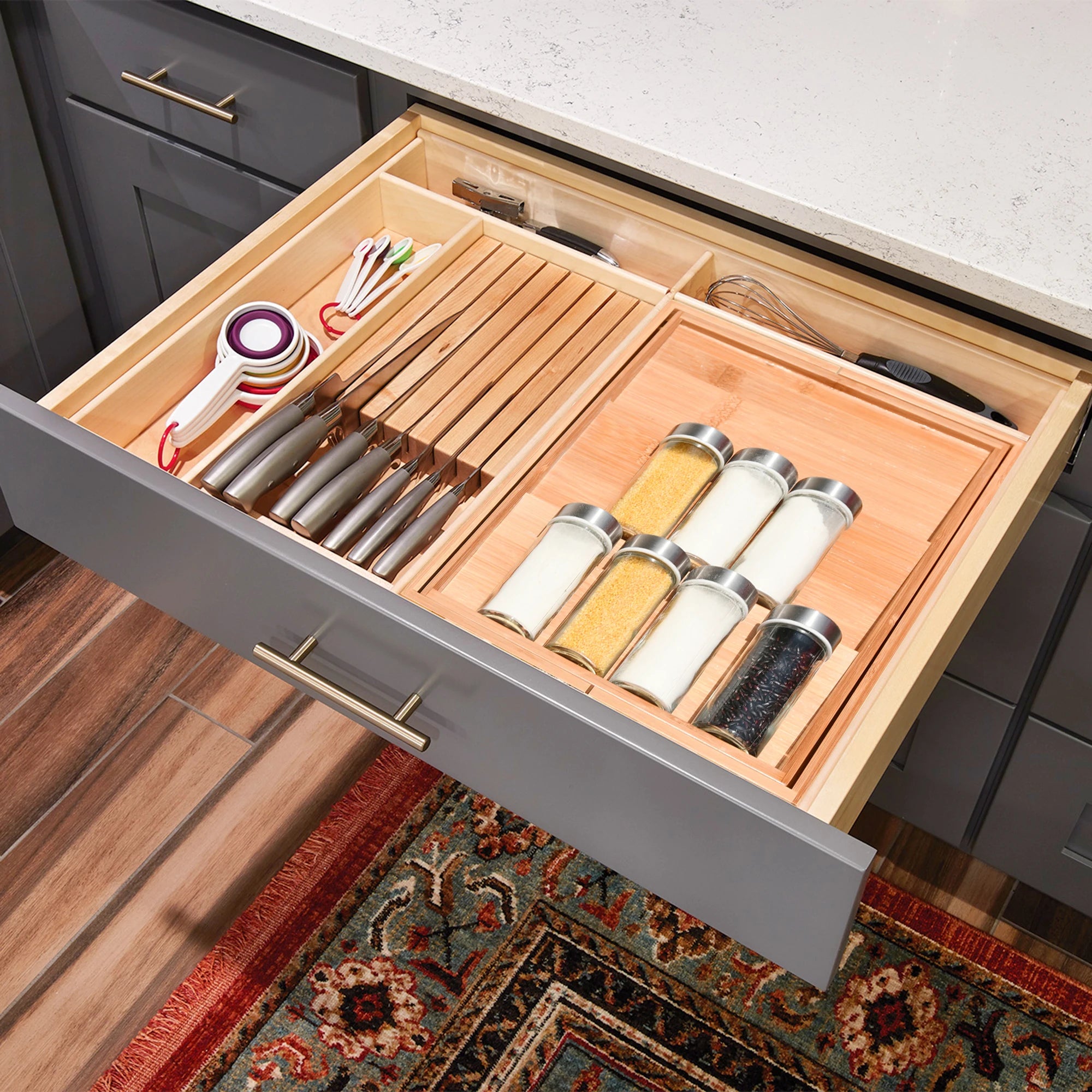 3-Tier Expandable Bamboo Drawer Spice Organizer with Storage Tray Insert for Efficient Seasoning Organization
