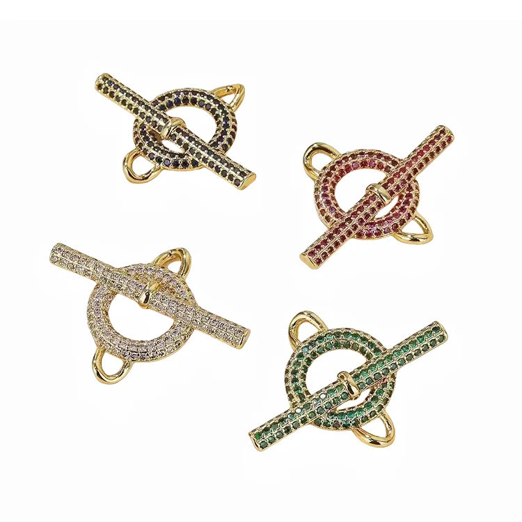 CZ8654 Dainty 18k Gold Plated CZ Micro Pave Circle and Bar Buckle Toggle Clasp Charm Connectors for Necklace Jewelry Making