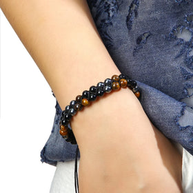 Wholesale Vintage Handmade Mixed 2 Row Black Stones Tiger Eye Health Magnetic Therapy OM Button Wrap Bracelets