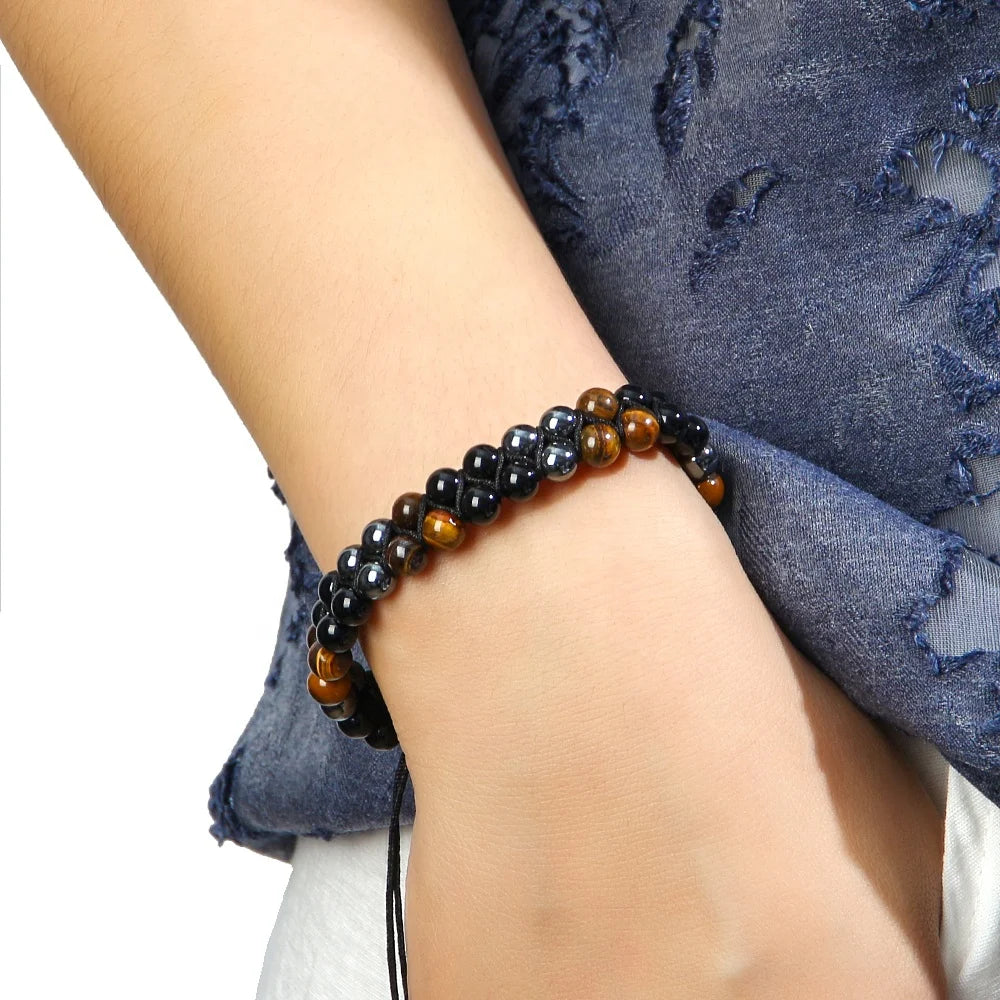 Wholesale Vintage Handmade Mixed 2 Row Black Stones Tiger Eye Health Magnetic Therapy OM Button Wrap Bracelets