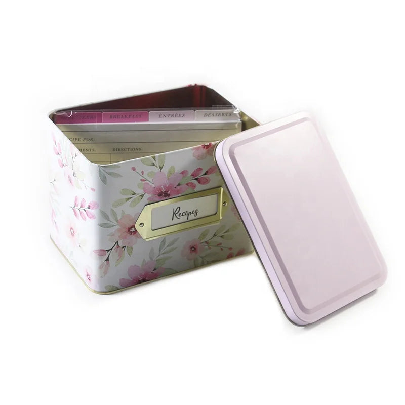 Newest Design Rectangle Tinplate Tin Box with Hinge for Recipe Cards