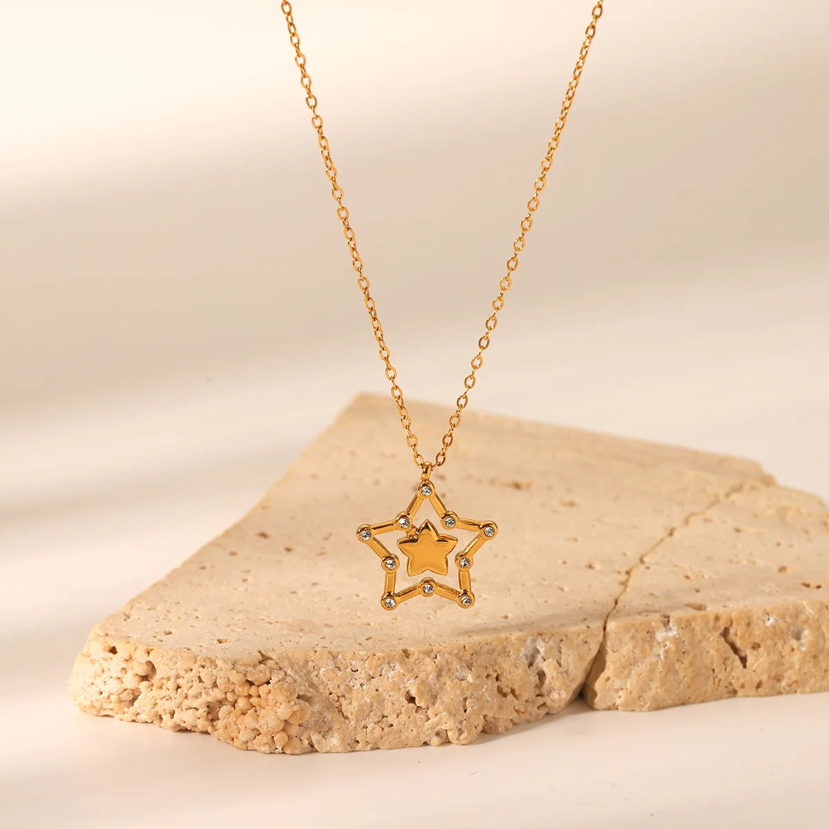 Personalized 18k Gold Plated Stainless Steel Jewelry Hollow Double Pentagram Zircon Pendant Necklace