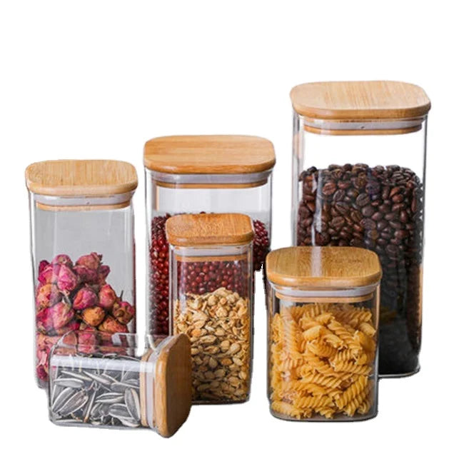 Custom High Borosilicate Glass Large Square Shape Spice Container with Cover Country Style Kitchen Use Storage Jars