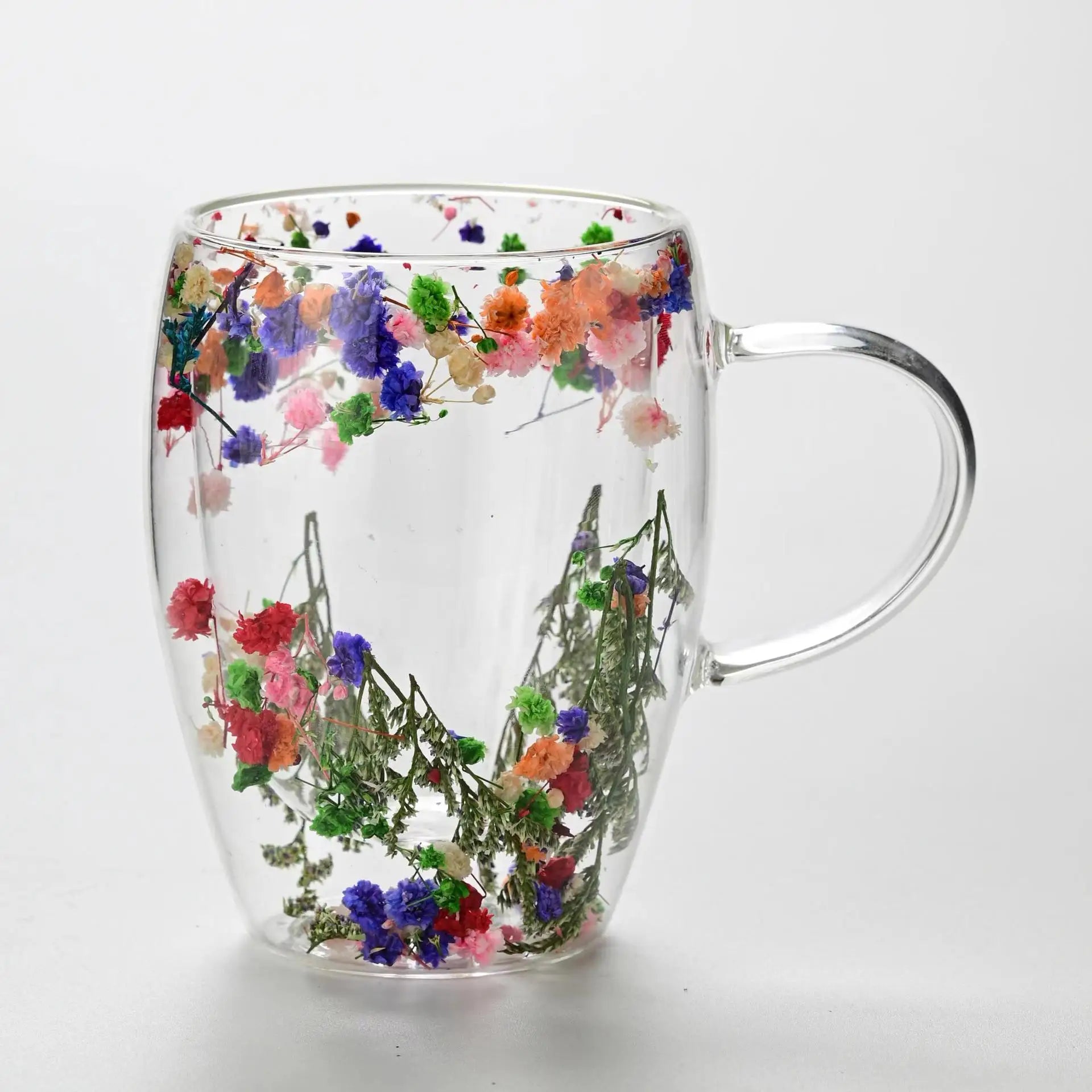 Logo Custom Insulated High Borosilicate Glassware Tea Cup Double Wall Handgrip Glass Mug with Flowers