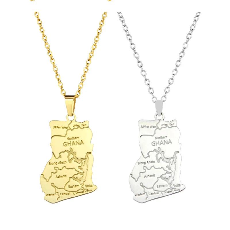 Customizable Stainless Steel Necklace for Women 18K Gold Plated Ghana Map Pendant Wholesale Fashion Jewelry for Gift Occasions