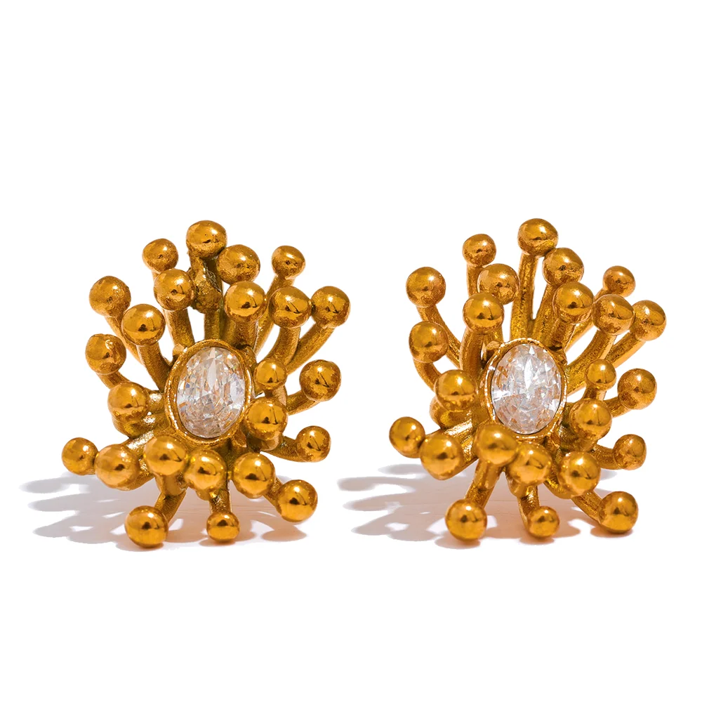 JINYOU 1437 Delicate Bling Cubic Zirconia Stainless Steel Flower Plant Stud Earrings Gold Color Temperament Metal Jewelry Women