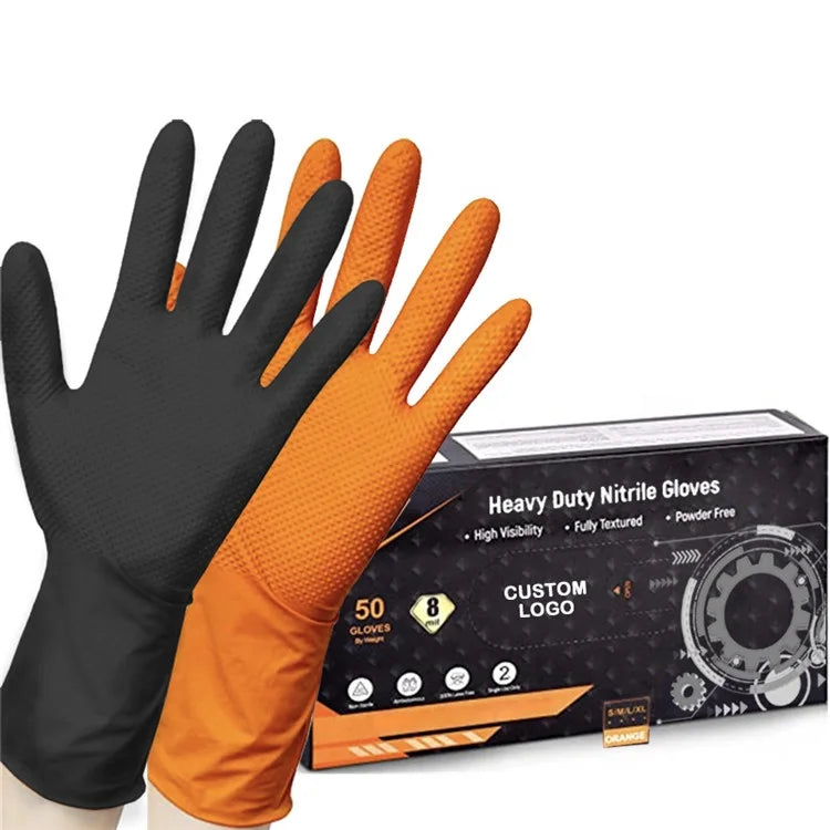 12 Inch Pure Nitrile 6 8 Mil Oem logo Custom Mechanic Diamond Texture Heavy Duty Truck Industry Work Chemical Proof  Glove
