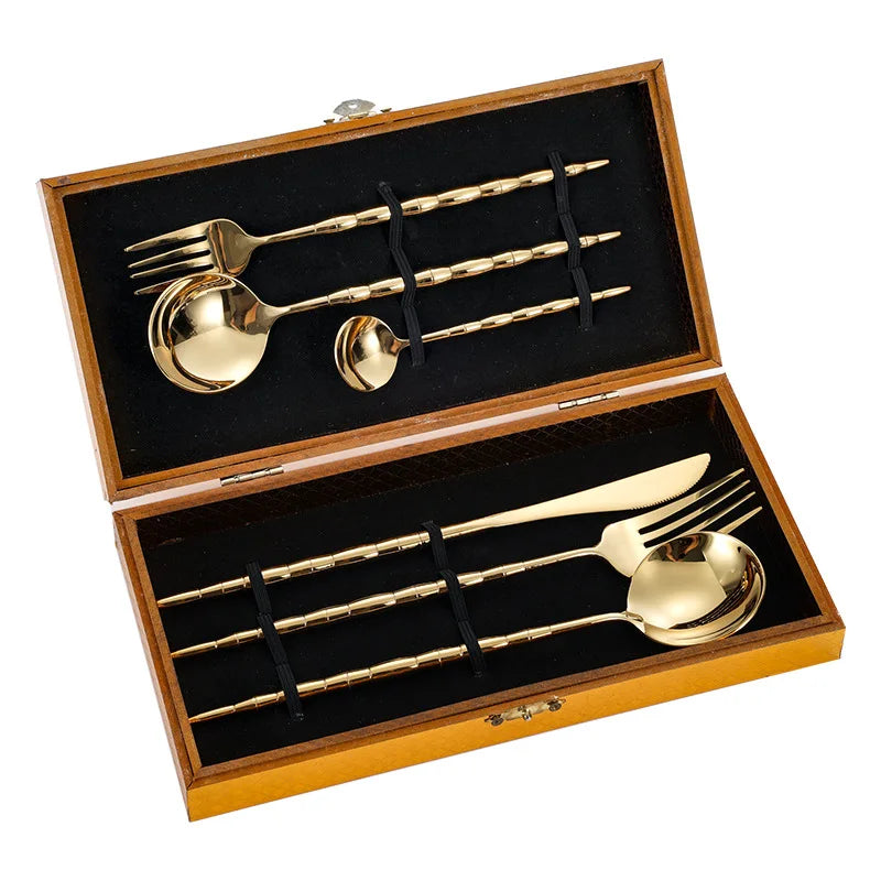 18/8 Creative Bamboo Gold Cutlery Set Stainless Steel Knife Fork and Spoon Silverware Restaurant Cutlery Set