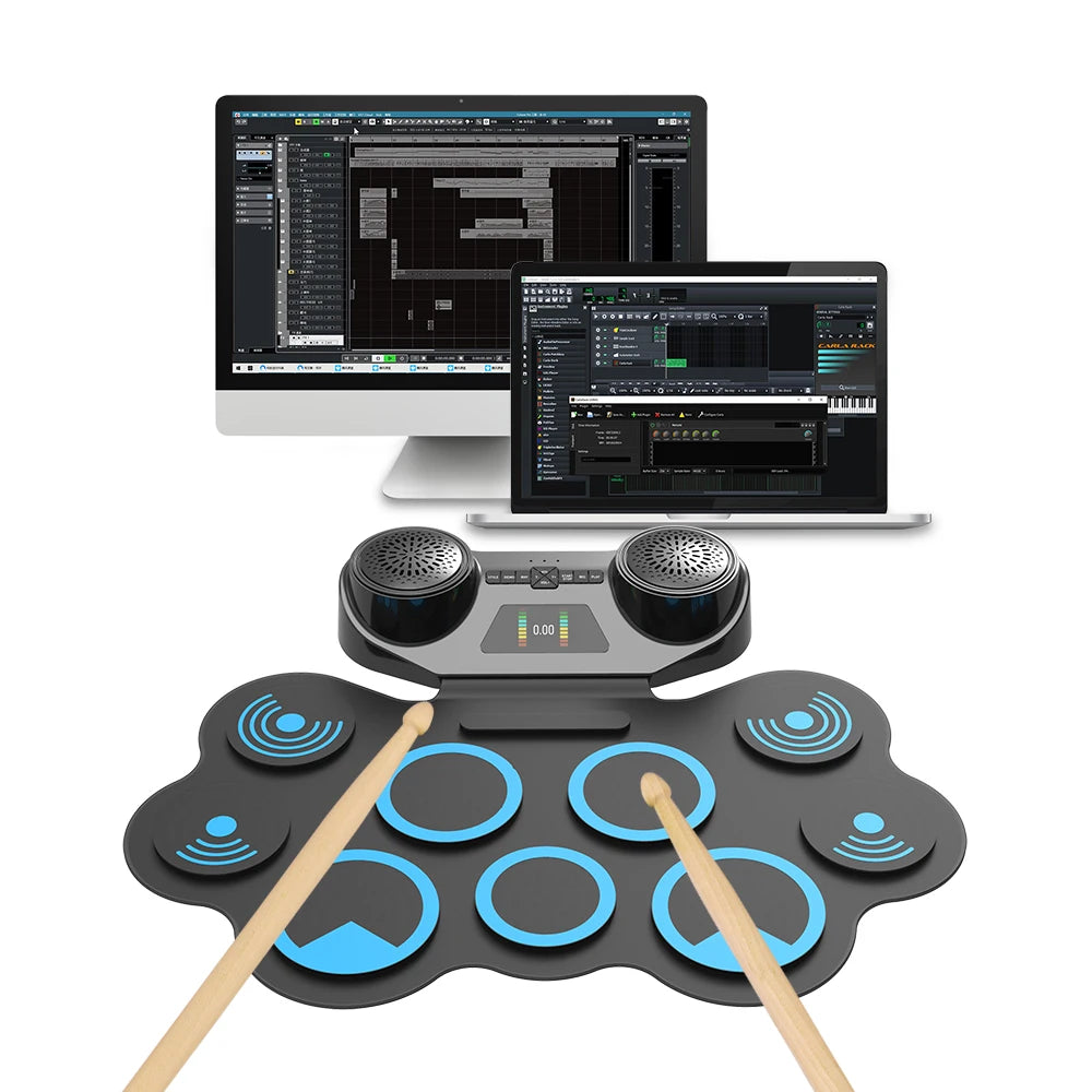 Portable Electronic Drum Set Digital Roll-Up MIDI Drum Kit 9 Silicon Durm Pads Built-in Stereo Speakers with Pedals