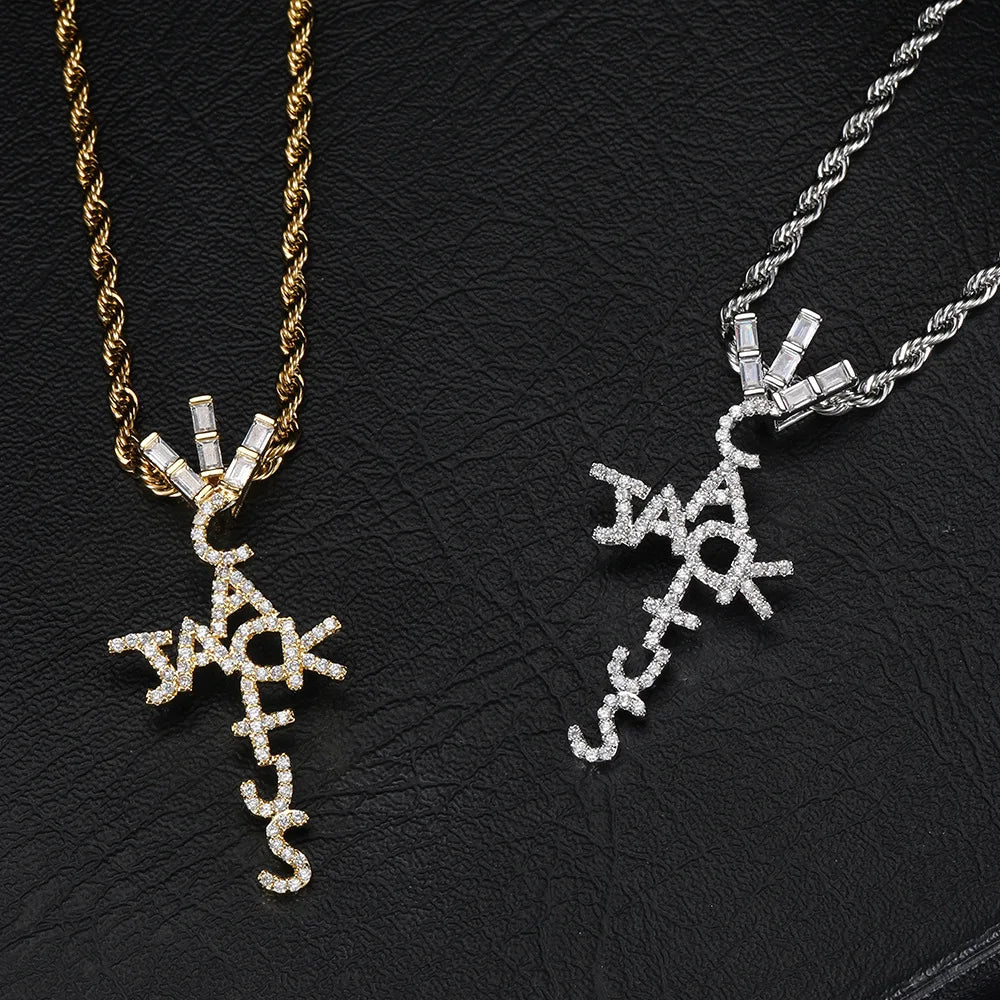 Iced Out Jewelry Wholesale AAA Zircon Hip Hop Top Level Cactus Jack Letter Cross Cross Cactus Jack Bling Bling Street Pendant