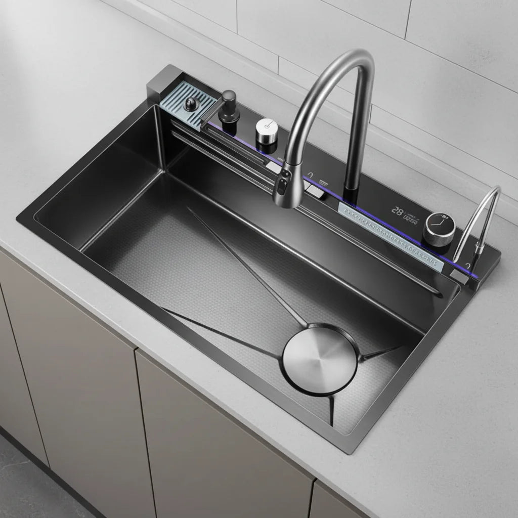 Modern Handmade Single-Bowl Rectangular Waterfall Digital Display Multifunctional Smart Kitchen Sink