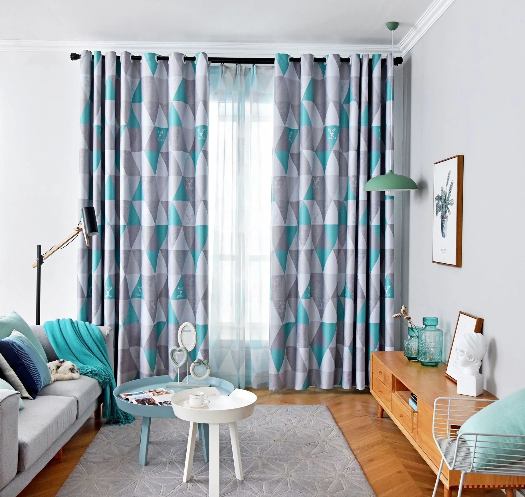 Modern Nordic Simplicity Geometric Printed Blue Curtain Home Decoration Polyester Window Curtains for Living Room