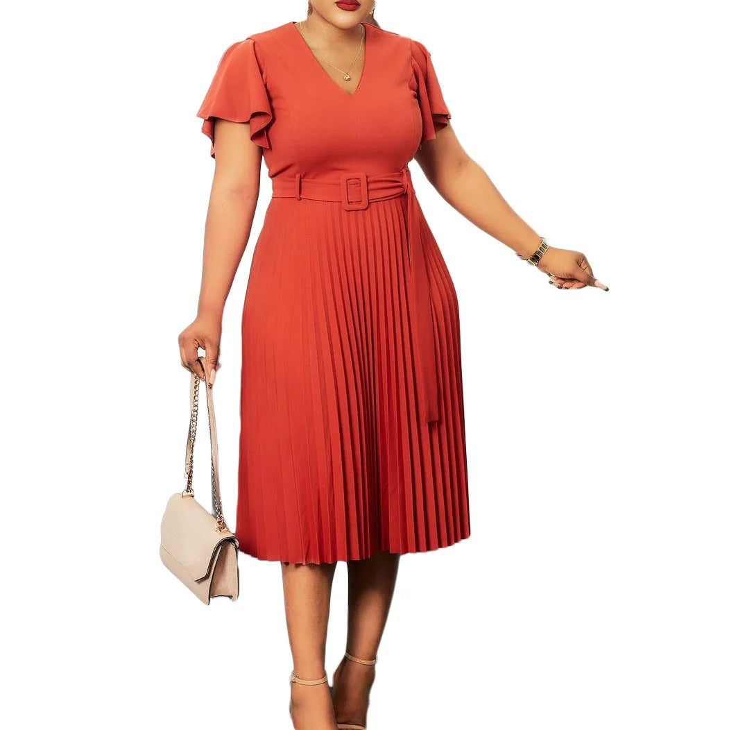 Summer Women V-Neck Elegant Ruff Short Pleated Dresses Women's Short Dress Ladies Plus Size Dress