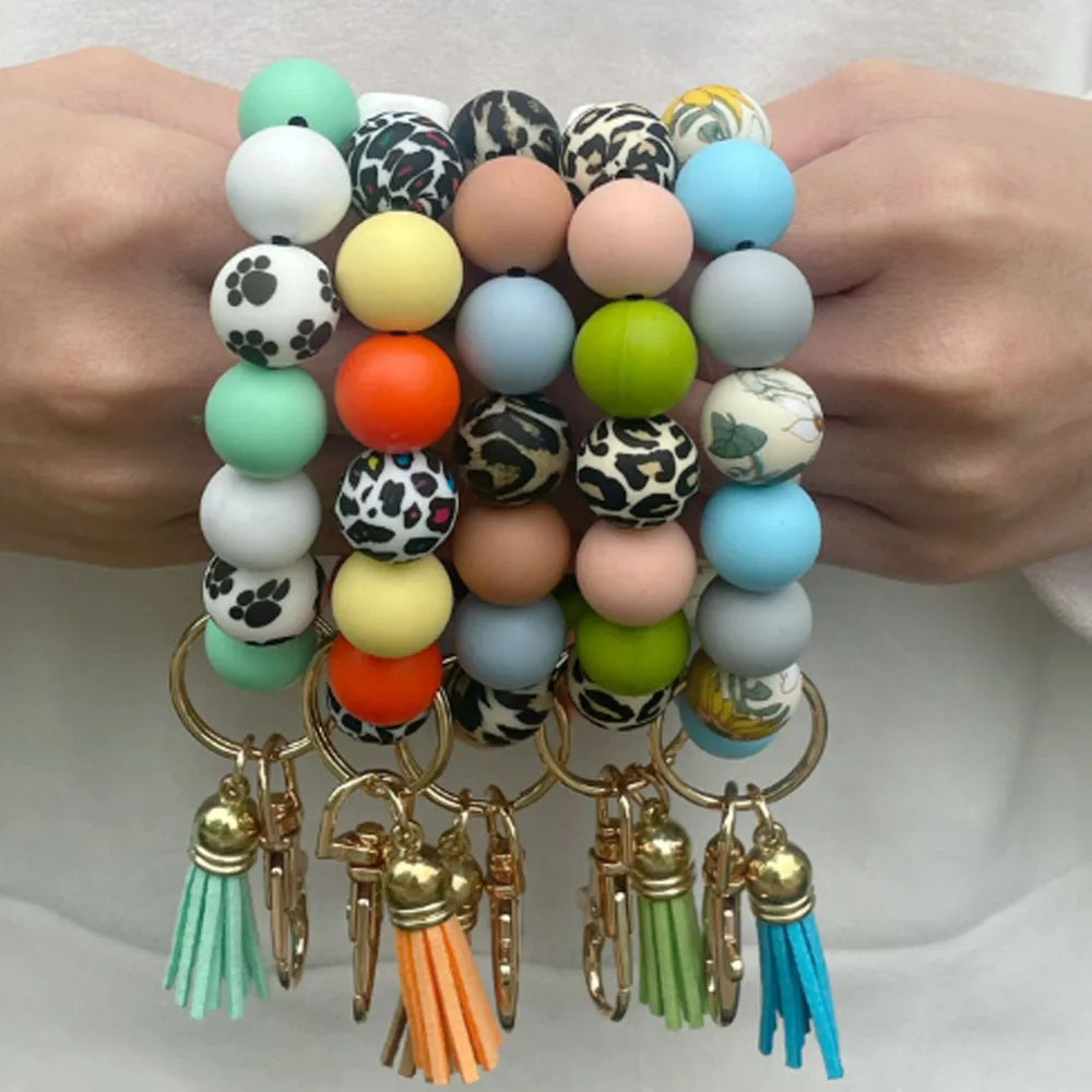 Handmade Silicone Bead Bracelet Cow Leopard Daisy Flower Mama Charm Key Chain Bracelet Jewelry