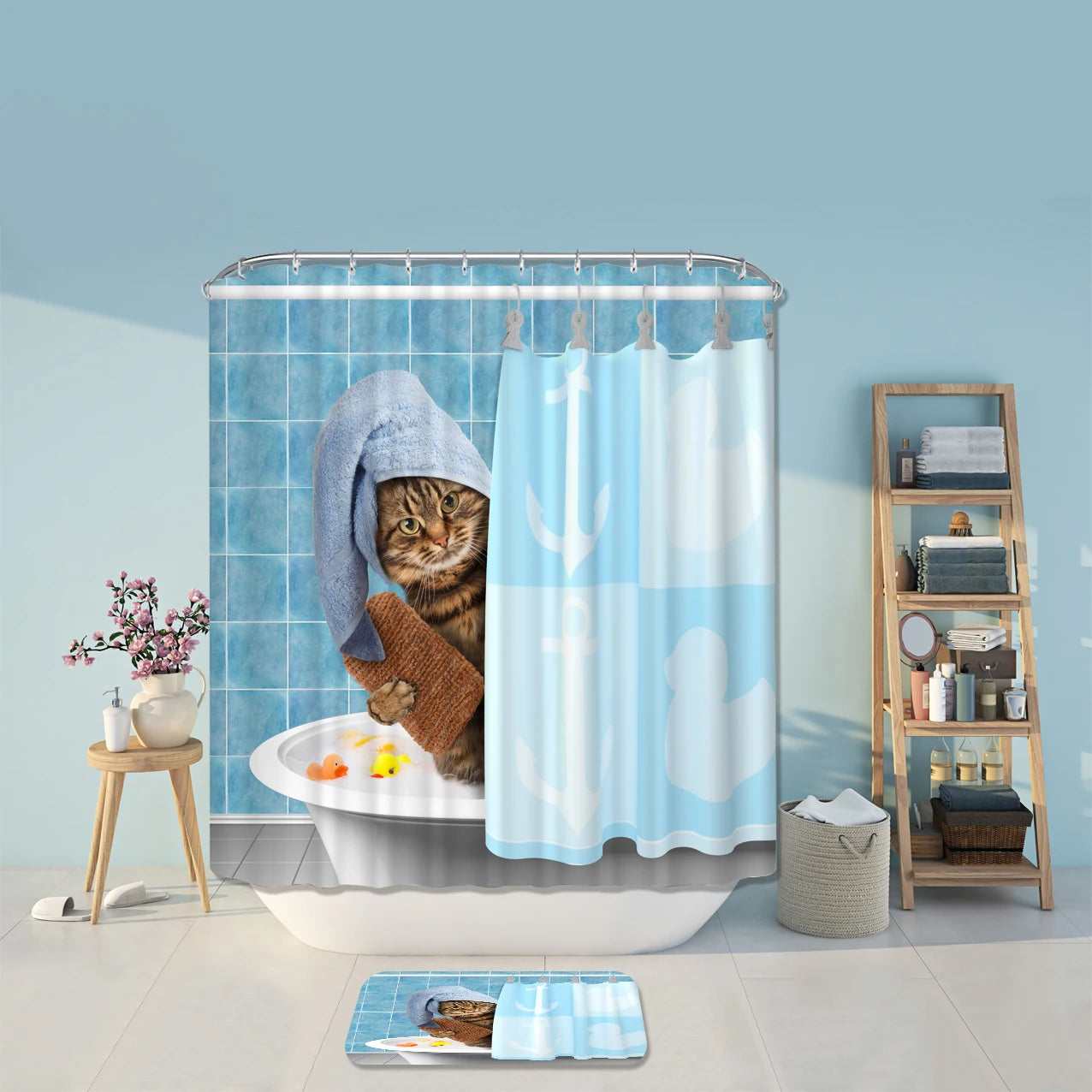 3D Bathing Cat Digital Printing Polyester Waterproof Eco-Friendly Fabric Shower Curtains Bath Mat Rug Set 180x200cm Modern