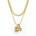 Fenny 18K Gold Plated  Double Layer Snake Chain Zirconia Rectangle Pendant Necklace Stainless Steel Jewelry Wholesale