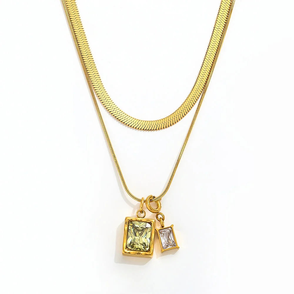 Fenny 18K Gold Plated  Double Layer Snake Chain Zirconia Rectangle Pendant Necklace Stainless Steel Jewelry Wholesale