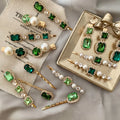 Korean Retro Luxury Green Crystal Hairpin Rhinestone Pearl Bangs Clip One Word Hair Accessories Crystal Hair Clip