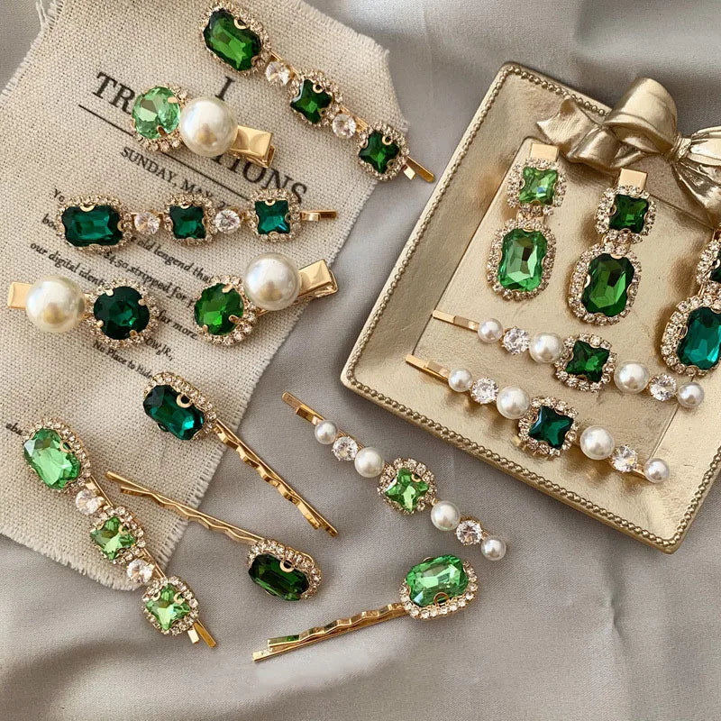 Korean Retro Luxury Green Crystal Hairpin Rhinestone Pearl Bangs Clip One Word Hair Accessories Crystal Hair Clip