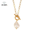 R.GEM.  Waterproof Hypoallergenic OT Buckle Lariat Paperclip Chain Baroque Cultured Freshwater Pearl Toggle Drop Necklace