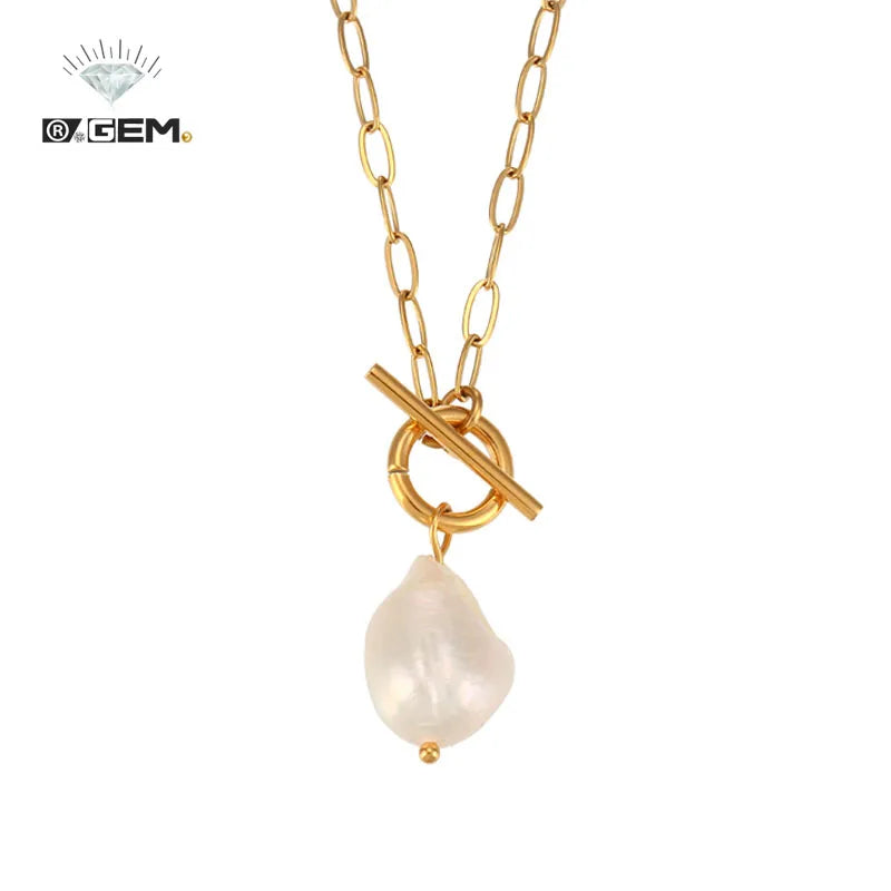 R.GEM.  Waterproof Hypoallergenic OT Buckle Lariat Paperclip Chain Baroque Cultured Freshwater Pearl Toggle Drop Necklace