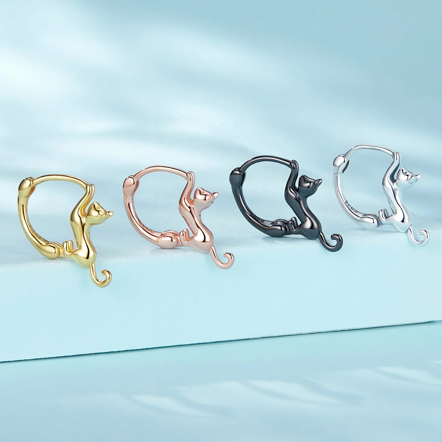 Wholesale 100%925 Sterling Silver Black Cute Cat Earrings for Women Fine Jewelry Party Gift Rose Gold Animal Hoop Aretes SCE1488
