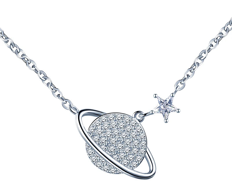 Adjustable Length S925 Sterling Silver Ladies Necklace White Gold Plated Space Planet Zircon Classic Wedding Engagement Party