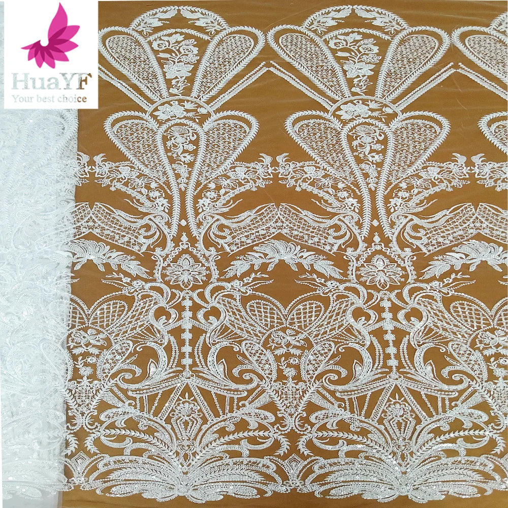 HY2962 Luxury French Heavy Work Porcelain White Beaded Wedding Lace With Sequins Bridal Dress Fabric African 5 Yards