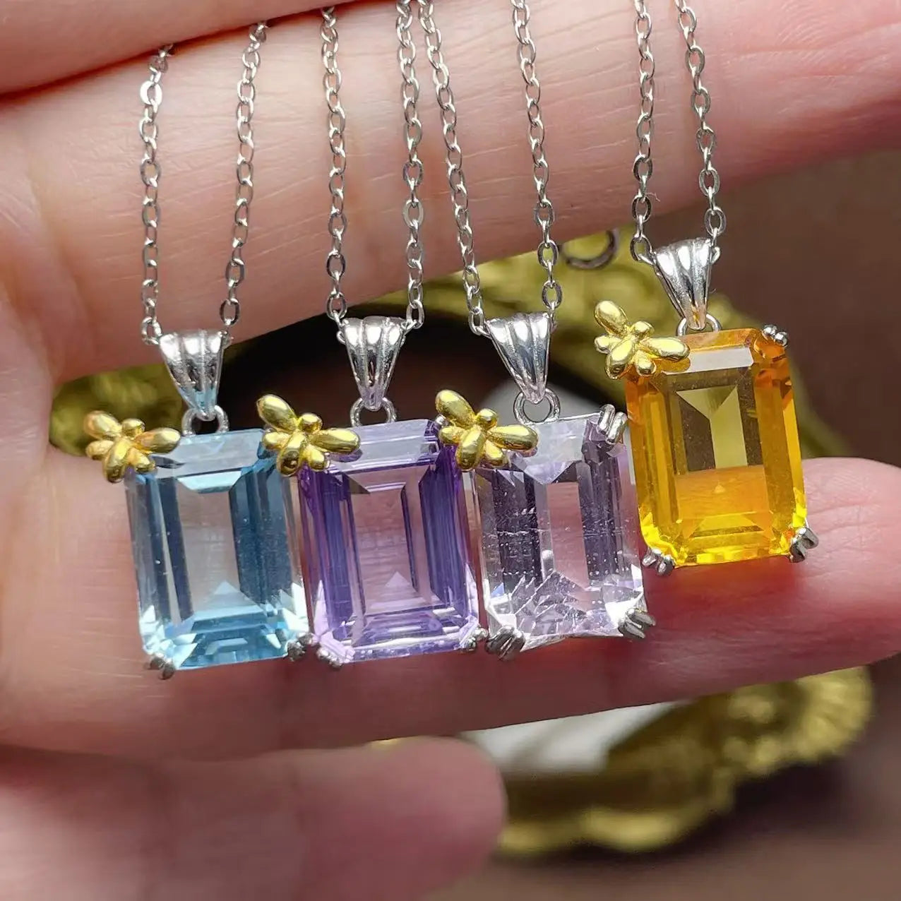 Good Price 925 Sterling Silver Couple Emerald Cut Crystal Natural Gemstone Women Luxury Hot Popular Pendant Necklace