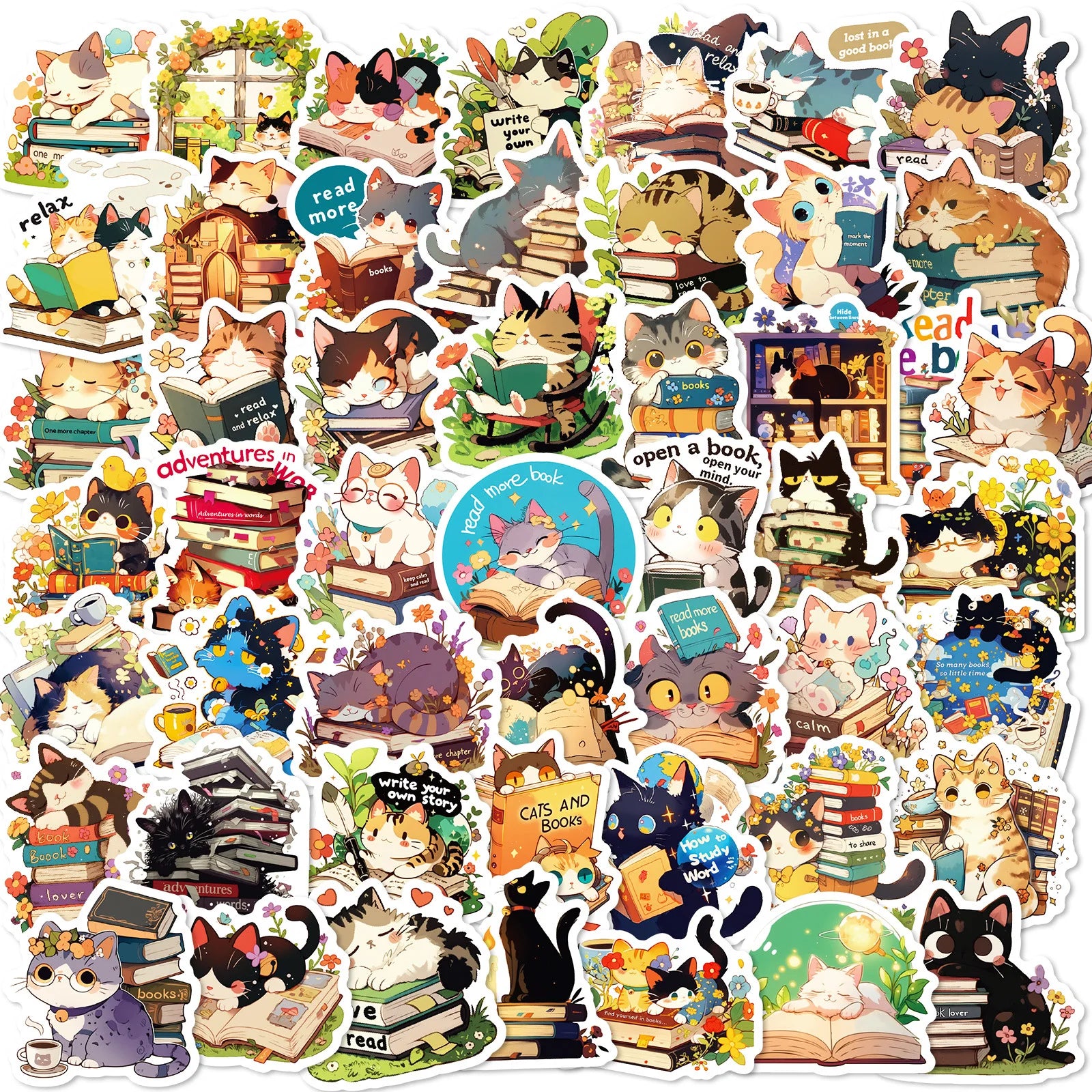 50 Pcs Cat Reading Graffiti PVC Self Adhesive Stickers for Laptop Phone Case Suitcase Skateboard Guitar Helmet and Books