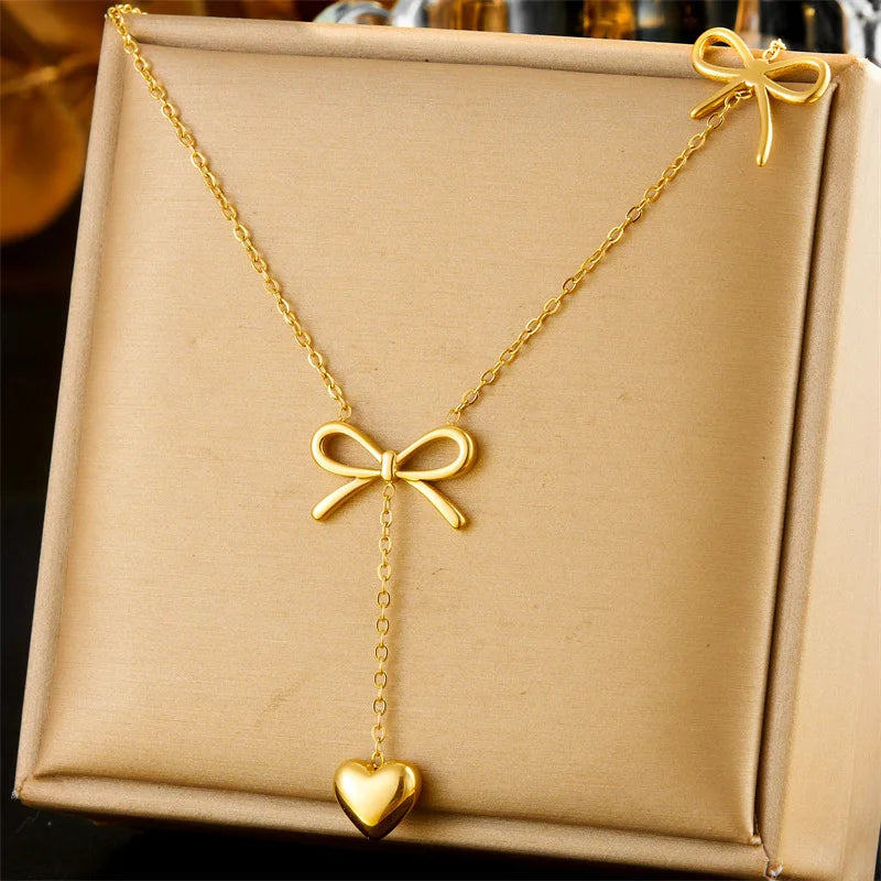 DAIHE New Stainless Steel 18K Gold Long Tassel Bow Heart Pendant Chain Pearl Necklace Classic Jewelry for Women Gift