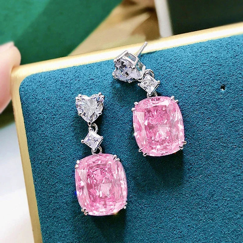 CAOSHI Unique Heart Geometry Design Bling  Pink Crystal Zircon Hanging Earrings for Fashion Party Wedding Pendant Earrings Women