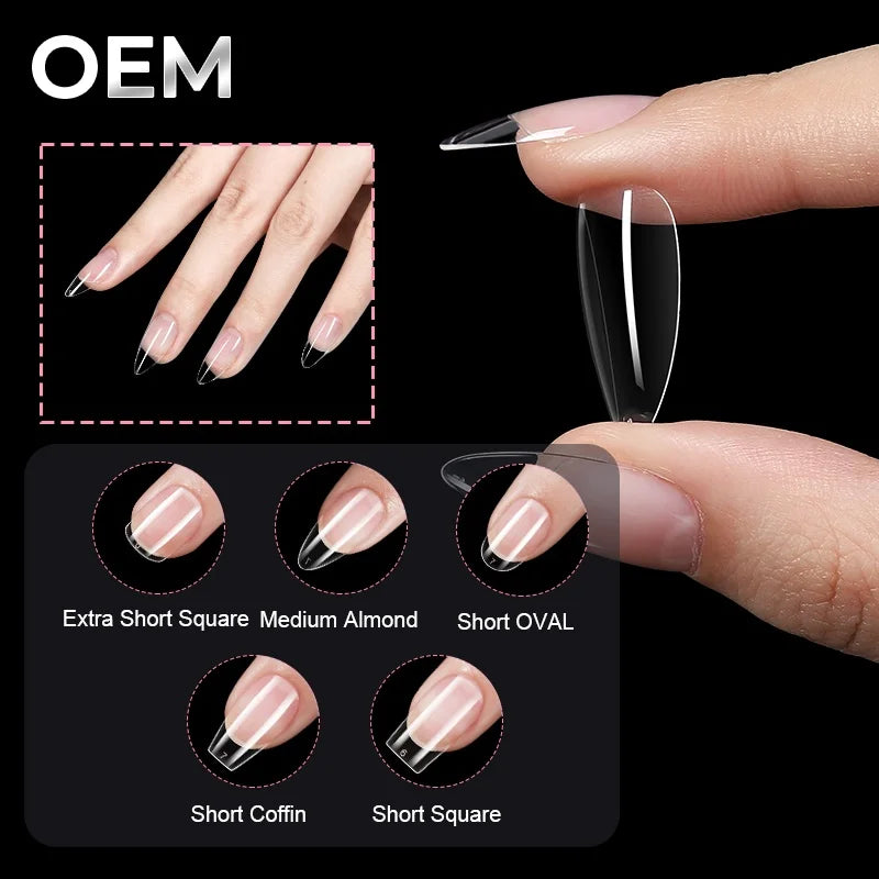 Aillsa Clear Fake Nail Supplier 504pcs/510pcs 12 Size Short Coffin Oval Medium Almond Extra Short Square Full Cover False Nails