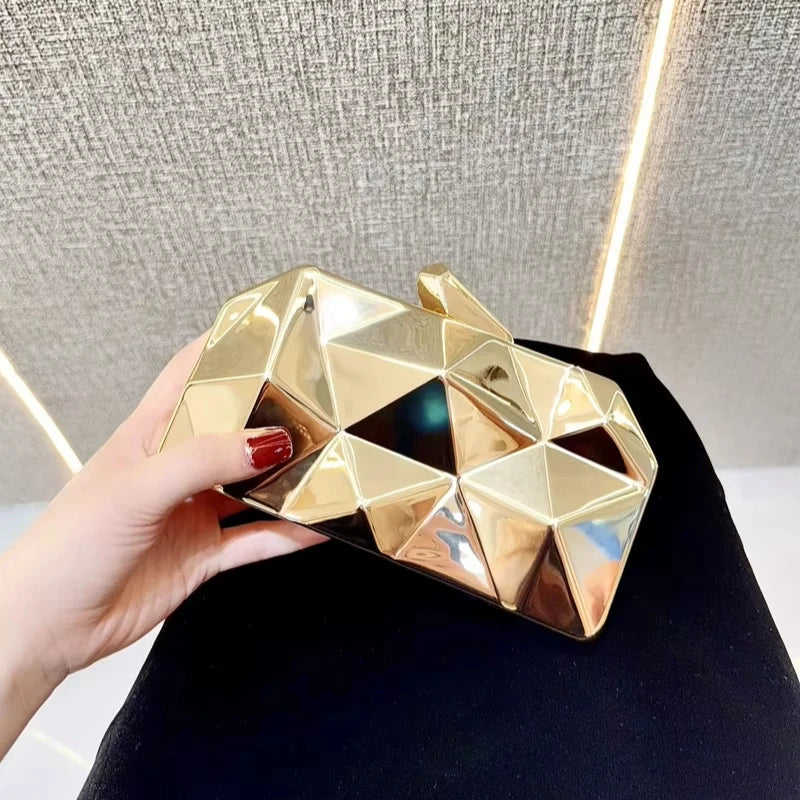 New Style Metal Banquet Bag Geometric Rhombus Dinner Bag Small Square Clutch Texture Chain Shoulder Bag for Girls