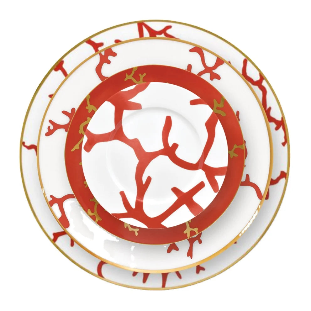 Luxury Saudi Arabic Bone China Dinner Set Ceramic Gold and Red Plate Dishes for Home Goods Decoration