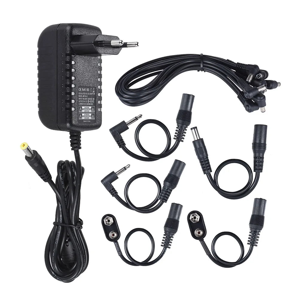 Power Supply Adapter 9V DC 2000mA for Guitar Bass Effect with 8 Way Daisy Chain Splitter Lead Chord Cable / 2pcs Battery Clip Co