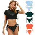 Women's Two Pieces Swimsuit Set Short T-shirt Top Drawstring Bandage High Waist Swimwear Bikini for Beach