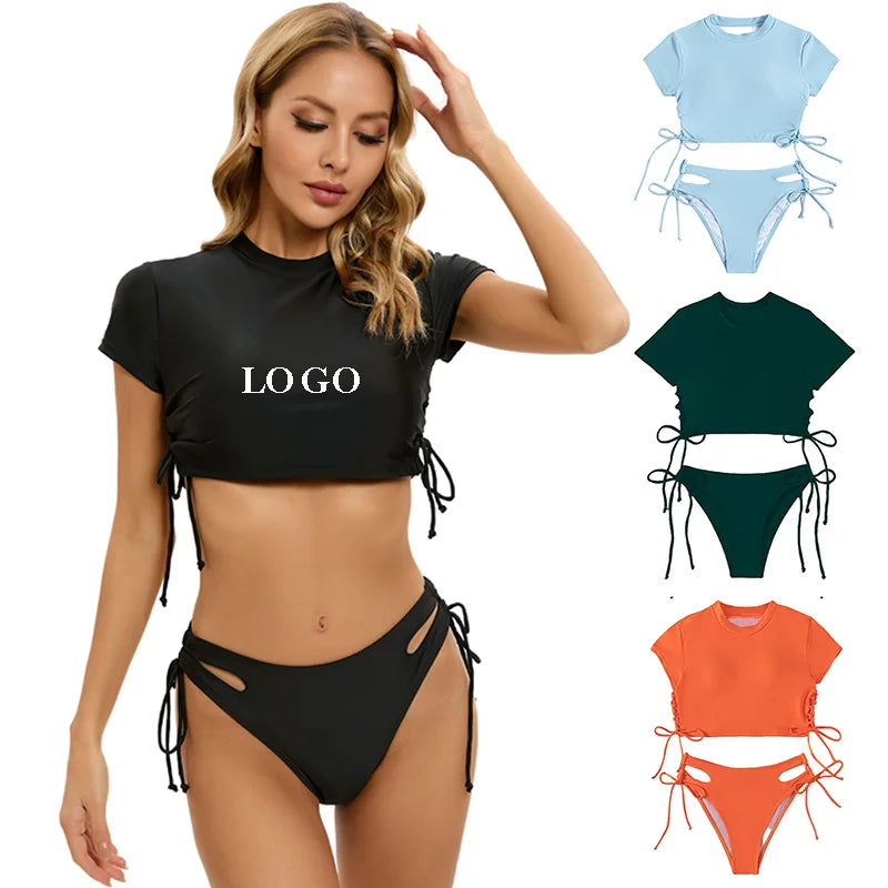 Women's Two Pieces Swimsuit Set Short T-shirt Top Drawstring Bandage High Waist Swimwear Bikini for Beach