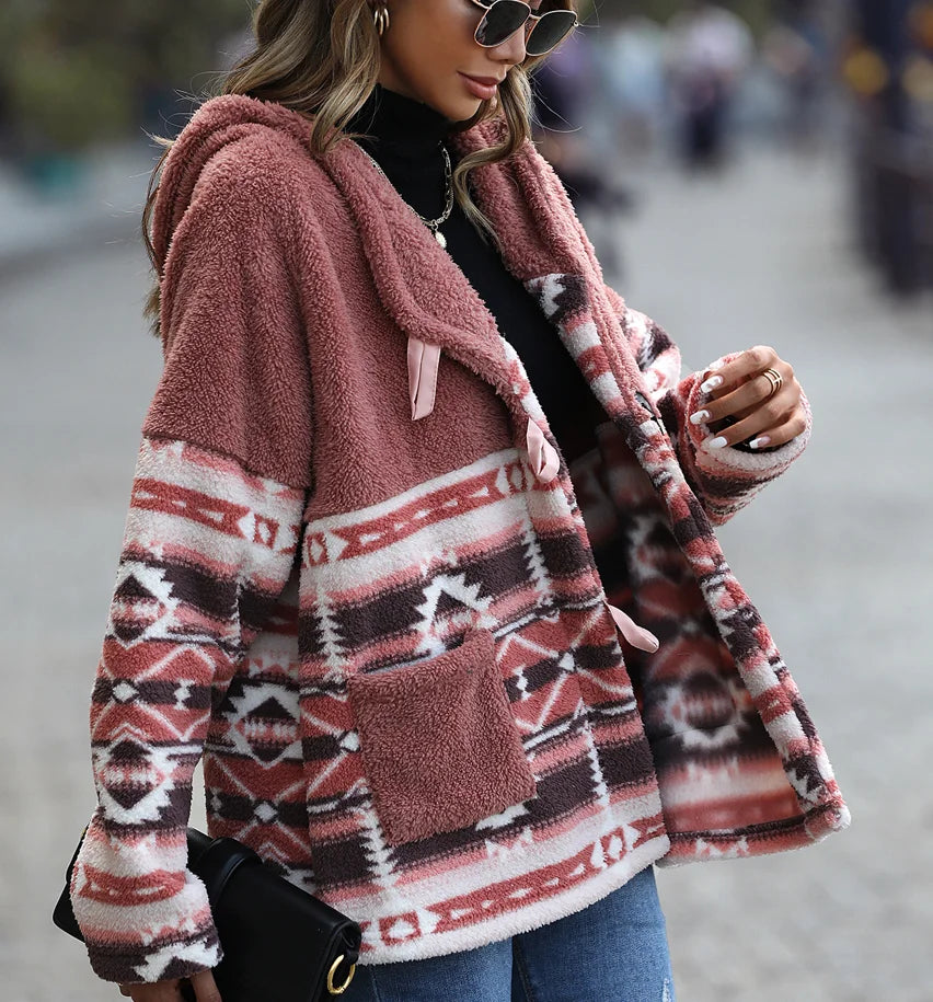 Wholesale 2025 Vintage Aztec Navajo Print Hooded Jackets Ready to Ship Casual Polar Fleece Patchwork Hoodie Jacket Horn Button