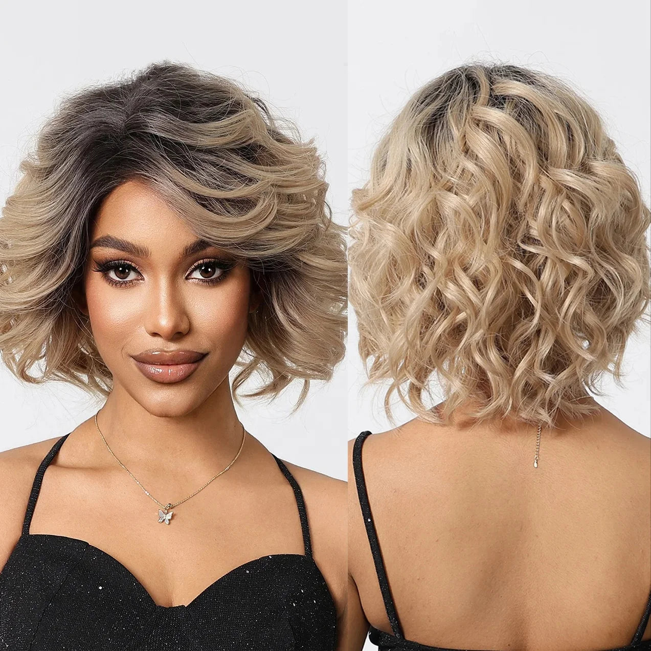 Japan Future Chemical Fiber Synthetic Honey Blonde Short Curly Lace Front Wig Ombre Loose Wave Lace Frontal Hair Wigs for Women