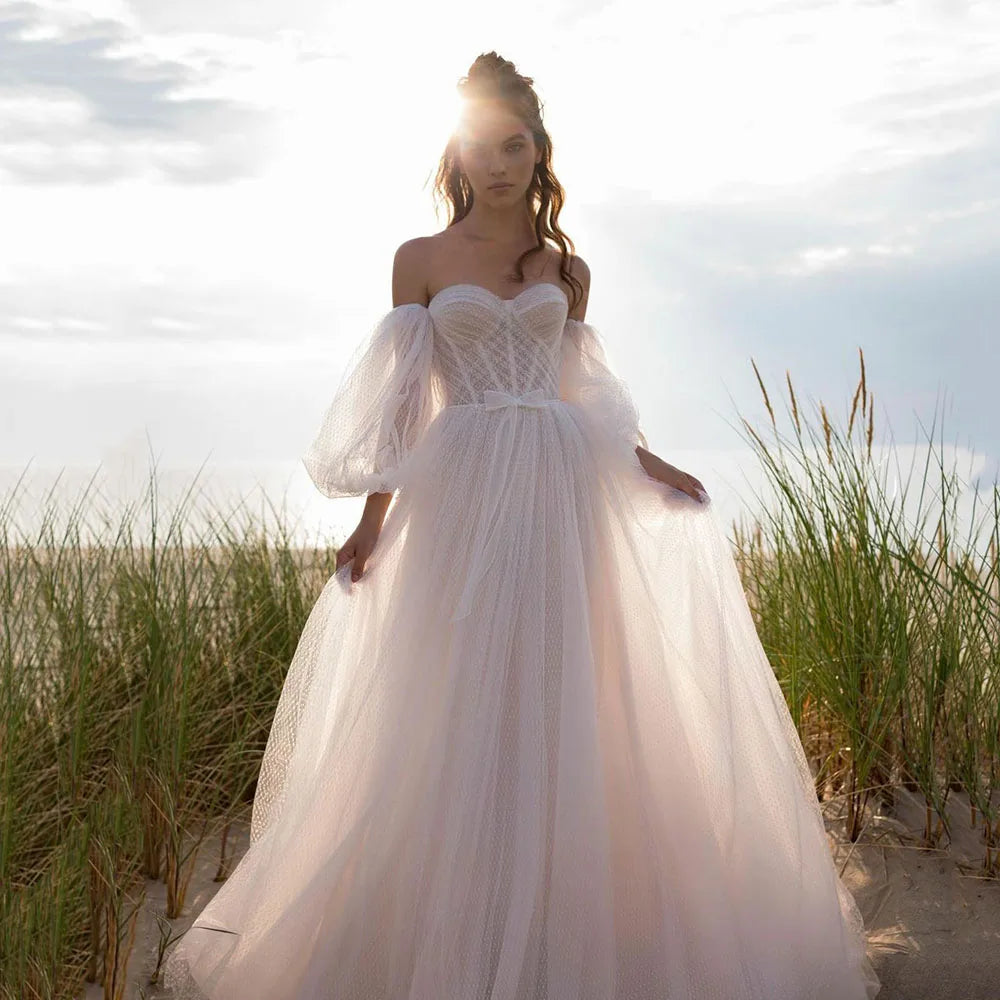 13154#Sweetheart Beach Bohemian A-Line Corset Backless 2022 Puffy Sleeves Princess Sweep Train Split Wedding Dress Bridal Gown