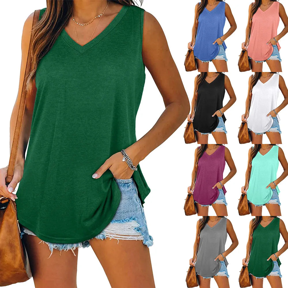 Women's Summer New Fashion Breathable Casual T-Shirt Sleeveless V-Neck Solid Color Tops Knitted Vest Clothing for Ladies