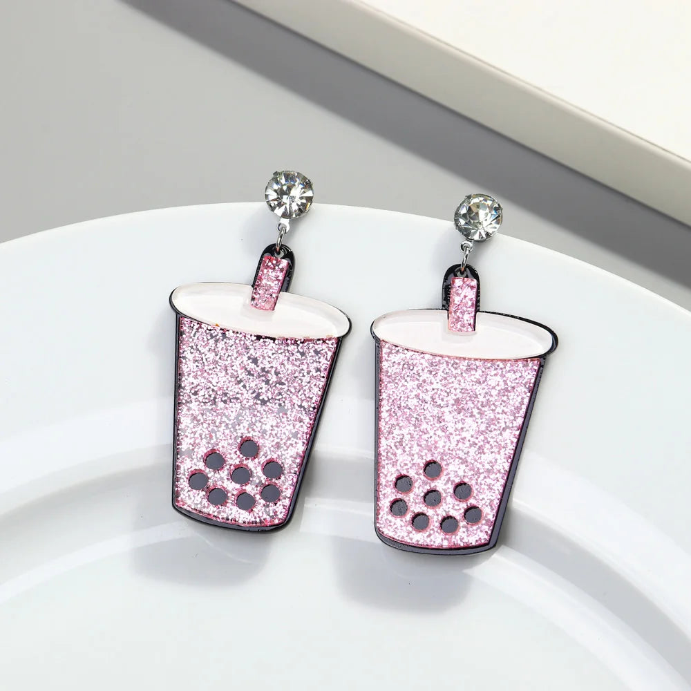 Cute Creative Pink Sequin Glitter Bubble Tea Vup Resin Pendant Fashion Rhinestone Jewelry Acrylic Drop Earrings for Women