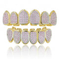 AIJIER Luxury Hiphop Men's Pink Zirconia Crowns Dental Grills Gold Plated Brass Teeth Grillz for Party Gift