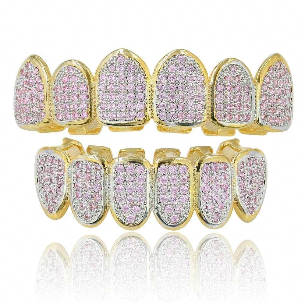 AIJIER Luxury Hiphop Men's Pink Zirconia Crowns Dental Grills Gold Plated Brass Teeth Grillz for Party Gift