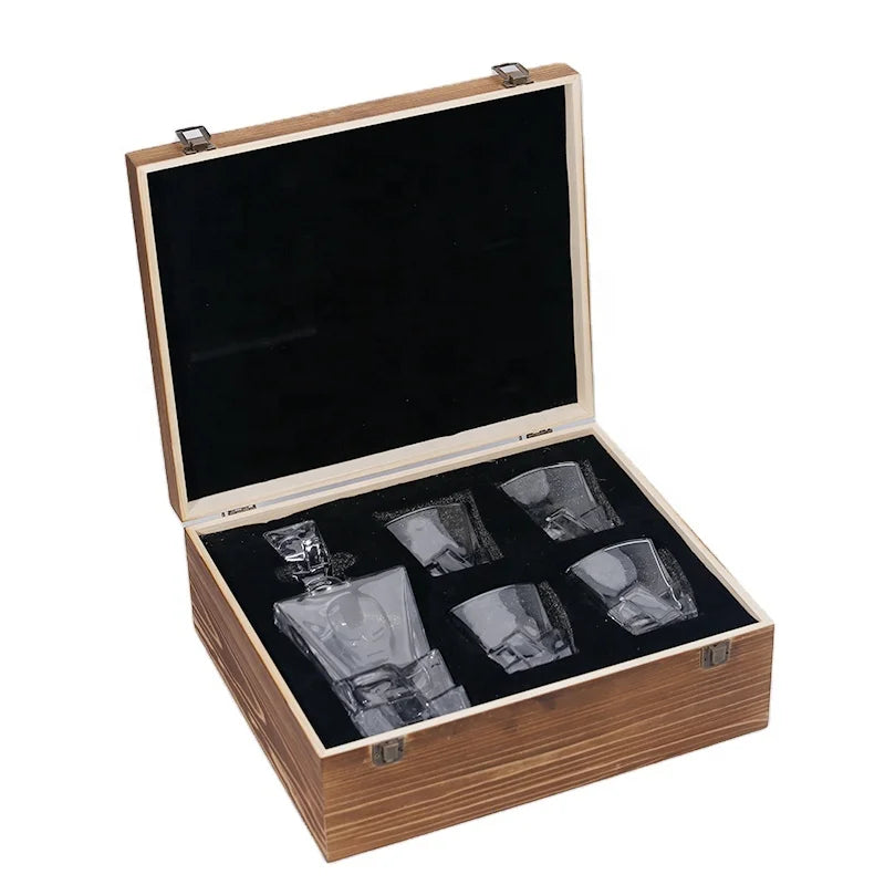 HUAHANG Custom Etched Crystal Glass Liquor Rock Whisky Decanter Set 5 Pack Old Fashioned Whiskey Wooden Gift Box Transparent